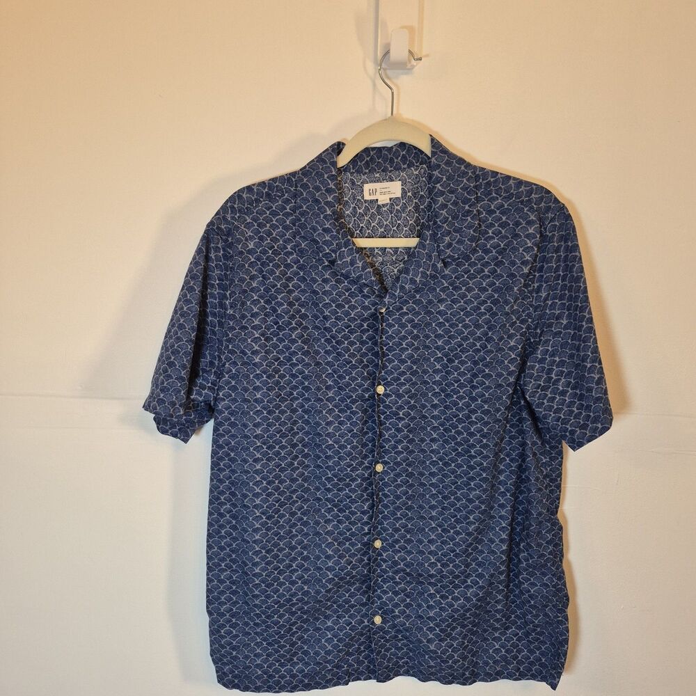 Gap Mens Linen Blend Camp Shirt Size L Blue Scallop Print Short Sleeve Button-Up